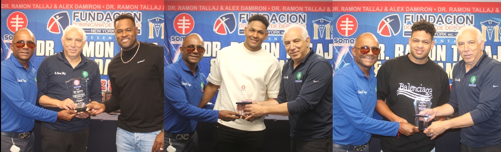 El doctor Ramón Tallaj y Daniel Reyes, reconocen a los lanzadores dominicanos de los Yankees de Nueva York, Luis Severino, Jhony Brito y Randy Vásquez.