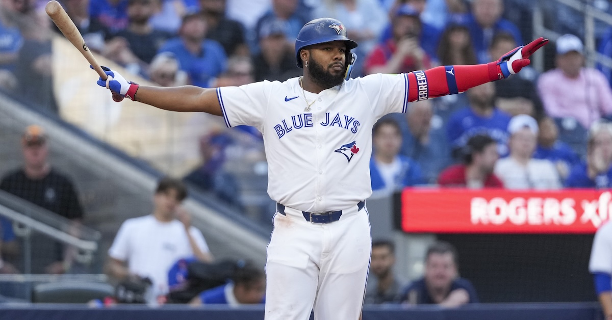 May 15, 2025; Toronto, Ontario, CAN; Toronto Blue Jays first base Vladimir Guerrero Jr. (27) calls for time out during the eighth inning against the Tampa Bay Rays at Rogers Centre. Mandatory Credit: Kevin Sousa-Imagn Images